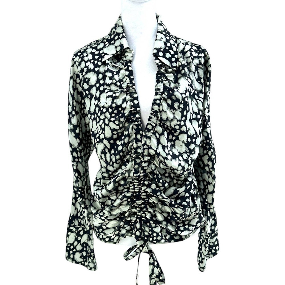 Nicolas Women cinched ruched front black white blouse top v neck size 6